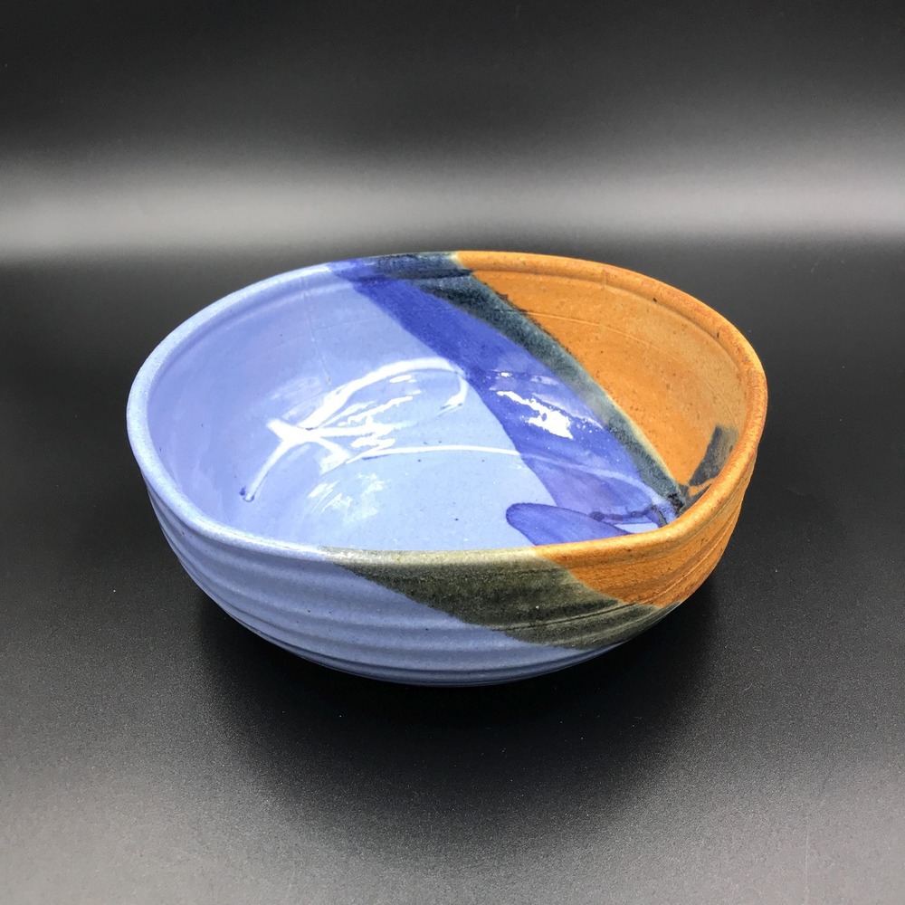 Hand Thrown Studio Art Pottery Bowl Blue Drip Glaze Signed KH 7.5" Diameter